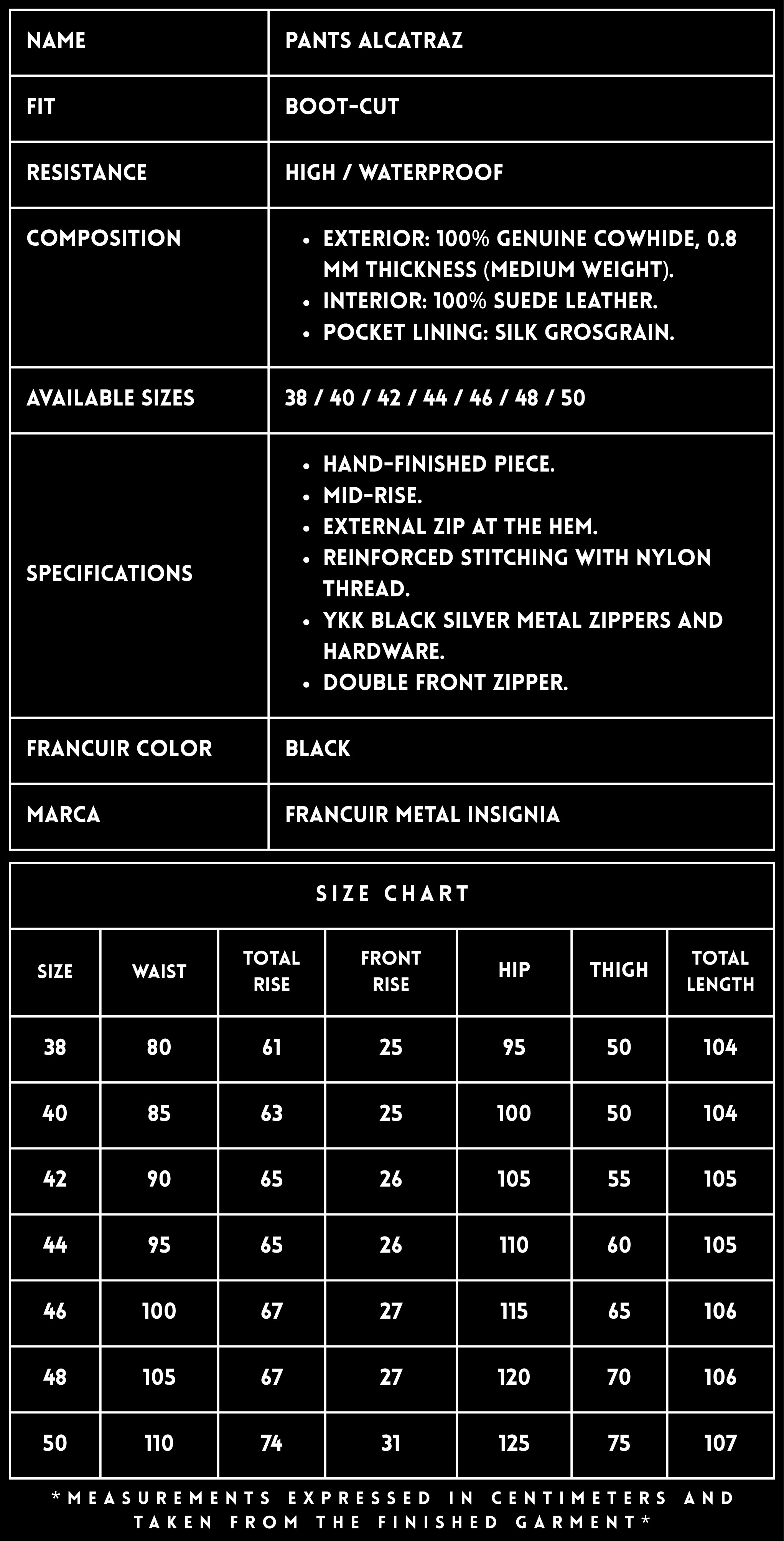 TECHNICAL SPECIFICATIONS &mdash; ALCATRAZ LEATHER PANTS | FRANCUIR